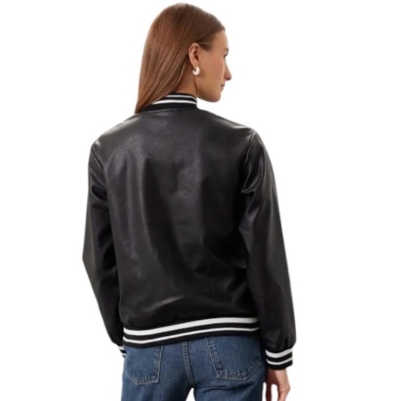 Slate & Willow Varsity Bomber Jacket in Black Faux Leather Size Small - Picture 4 of 11